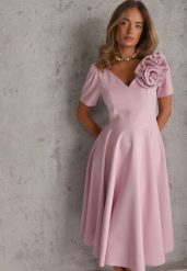 Różowa Sukienka o Rozkloszowanym Kroju z Odpinaną Kwiatową Aplikacją Anastosa. Czerwone sukienki damskie Renee, z aplikacjami, eleganckie, bez ramiączek. Za 249.99 zł.