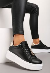 Czarno-Złote Sneakersy na Platformie z Metalowymi Zawieszkami i Cyrkoniami Nioko. Czarne obuwie sportowe damskie Renee, przed kostkę, bez zapięcia. Za 89.99 zł.
