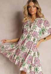 Różowa Sukienka z Wiskozowej Tkaniny w Mozaikowy Wzór Boho Naviera. Czerwone sukienki damskie Renee, bez wzorów, z tkaniny, boho, bez ramiączek. W wyprzedaży za 75.99 zł.