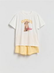 Dwuczęściowa piżama z nadrukiem - żółty. Żółte piżamy damskie Reserved, bez wzorów, z bawełny, bez ramiączek. Za 99.99 zł.