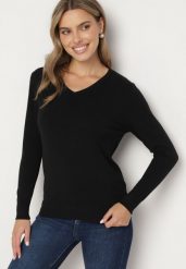 Czarny Sweter o Prostym Kroju z Dekoltem w Serek Sinoriel. Czarne swetry klasyczne damskie Born2be, m, z jeansu, bez kołnierzyka. Za 44.99 zł.