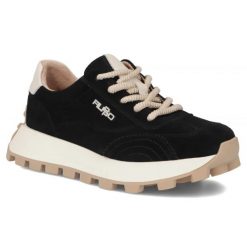 Skórzane półbuty sneakersy na platformie czarne Filippo DP7498. Czarne półbuty damskie Filippo, bez wzorów, ze skóry, bez obcasa, na platformie, bez zapięcia. Za 219.99 zł.