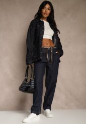 Niebieskie Szerokie Jeansy z Bawełny High Waist Ozdobione Sznurkiem Landa. Niebieskie jeansy damskie Renee, bez wzorów, z bawełny. Za 99.99 zł.