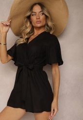 Czarny Kopertowy Kombinezon z Bawełny Wiązany w Talii Materiałowym Paskiem Vikly. Czarne sukienki damskie Renee, bez wzorów, z bawełny, eleganckie, bez ramiączek. W wyprzedaży za 67.99 zł.