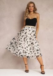 Jasnobeżowa Spódnica Midi Tiulowa z Welurowymi Kwiatami i Gumką w Talii Zihrosa. Brązowe spódnice damskie Renee, bez wzorów, z tiulu, midi. Za 69.99 zł.