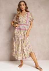 Żółta Kwiecista Sukienka Midi z Gumką w Pasie i Falbanką przy Rękawach Hachitane. Żółte sukienki damskie Renee, bez wzorów, boho, bez ramiączek. W wyprzedaży za 52.49 zł.