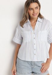 Niebieska Koszula z Lnu i Wiskozy o Kroju Oversize Restia. Niebieskie koszule damskie Born2be, na lato, m, bez wzorów, z tkaniny, biznesowe, bez kołnierzyka, bez ramiączek. Za 119.99 zł.