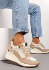 Brązowe Sneakersy Ozdobione Suwakiem i Metalowymi Aplikacjami na Koturnie Warranta. Brązowe obuwie sportowe damskie Renee, na lato, z jeansu, bez zapięcia, trekkingowe. Za 109.99 zł.