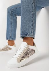 Biało-Złote Kolorowe Sneakersy z Brokatową Wstawką i Sznurowaniem Livora. Białe obuwie sportowe damskie Born2be, bez zapięcia, tenisowe. Za 84.99 zł.