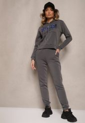 Ciemnoszary Ocieplany Komplet Dresowy Bawełniany Spodnie Joggery i Bluza Zdobiona Nadrukiem Filoira. Szare bluzy damskie Renee, m, z aplikacjami, z bawełny, z kapturem. Za 74.99 zł.