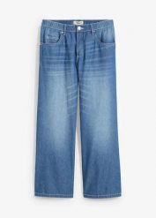 Dżinsy Straight, mid waist, z wygodnym paskiem, łów stretch, cropped. Niebieskie jeansy damskie bonprix. Za 107.99 zł.