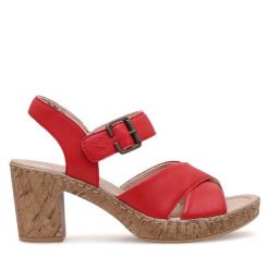 Sandały Rieker. Czerwone sandały damskie Rieker, bez wzorów, bez obcasa, na słupku, bez zapięcia. Za 329.99 zł.