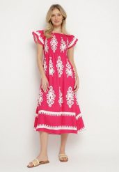 Różowa Wiskozowa Sukienka w Ornamentalne Wzory o Rozkloszowanym Kroju Divessa. Czerwone sukienki damskie Born2be, bez wzorów, z wiskozy, bez ramiączek. Za 119.99 zł.