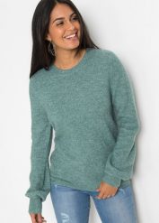 Sweter z rękawami balonowymi. Niebieskie swetry klasyczne damskie bonprix, bez kołnierzyka. Za 114.99 zł.
