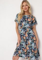 Granatowo-Niebieska Bawełniana Sukienka z Motywem Kwiatowym o Lekko Rozkloszowanym Fasonie Dimivias. Niebieskie sukienki damskie Born2be, bez wzorów, z bawełny, eleganckie, bez ramiączek. Za 49.99 zł.