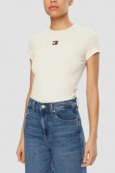 TOMMY JEANS Beżowy damski t-shirt. Brązowe t-shirty damskie Tommy Jeans, s, bez wzorów, z jeansu, bez kołnierzyka. W wyprzedaży za 143.99 zł.