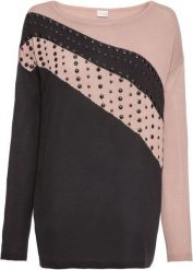 Sweter oversize z aplikacją. Czarne swetry klasyczne damskie bonprix, bez kołnierzyka. Za 134.99 zł.