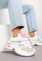 Biało-Różowe Sneakersy z Podwójnym Sznurowaniem i Platformą Hilanne. Białe obuwie sportowe damskie Born2be, z jeansu, bez zapięcia. Za 109.99 zł.