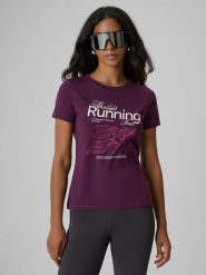 4F T-shirt slim z nadrukiem damski - fioletowy XS. Fioletowe t-shirty damskie 4F, xs, bez wzorów, z bawełny, bez kołnierzyka. Za 59.99 zł.