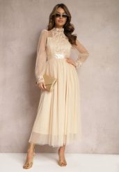 Beżowa Siateczkowa Sukienka Maxi o Rozkloszowanym Kroju z Ozdobną Koronką Narile. Brązowe sukienki damskie Renee, bez wzorów, z koronki, eleganckie, bez ramiączek. W wyprzedaży za 167.99 zł.