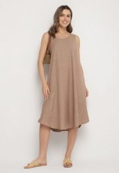 Ciemnobeżowa Rozkloszowana Klasyczna Sukienka Lunetira. Brązowe sukienki damskie Born2be, bez wzorów, eleganckie, bez ramiączek. W wyprzedaży za 50.99 zł.