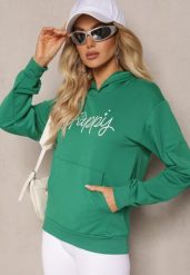 Zielona Bluza Ozdobiona Napisem z Kangurkową Kieszenią i Kapturem Hecconia. Zielone bluzy damskie Renee, l, bez wzorów. Za 69.99 zł.