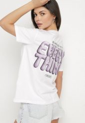 Biało-Fioletowy Bawełniany T-shirt z Napisami Hallena. Białe t-shirty damskie Born2be, l, bez wzorów, z bawełny, bez kołnierzyka. Za 49.99 zł.