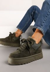 Ciemnozielone Sneakersy na Niskiej Platformie Mocno Ocieplane Tifilie. Zielone obuwie sportowe damskie Renee, z jeansu, bez zapięcia. Za 99.99 zł.