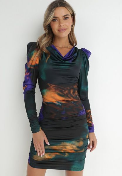 Fioletowo-Zielona Sukienka Tie-Dye z Bufiastym Rękawem Haki. Fioletowe sukienki damskie Born2be, bez wzorów, eleganckie, bez ramiączek. Za 169.99 zł.