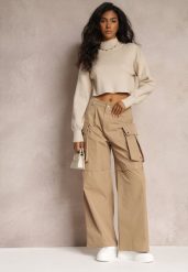Beżowe Szerokie Spodnie High Waist w Stylu Cargo Vomisal. Brązowe spodnie materiałowe damskie Renee, bez wzorów, z jeansu. Za 109.99 zł.