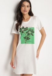 Biała Bawełniana Sukienka o Kroju Typu T-shirt Zdobiona Nadrukiem Nevolira. Białe sukienki damskie Born2be, z aplikacjami, z bawełny, eleganckie, bez ramiączek. Za 69.99 zł.