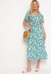 Zielona Kopertowa Sukienka z Wiskozy z Gumką w Pasie i Materiałowym Paskiem Fazemia. Zielone sukienki damskie Born2be, bez wzorów, z materiału, eleganckie, bez ramiączek. W wyprzedaży za 67.99 zł.
