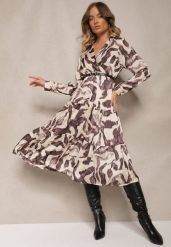 Brązowa Wzorzysta Sukienka o Kopertowym Kroju z Paskiem i Gumką w Talii Zinnerva. Brązowe sukienki damskie Renee, bez wzorów, z materiału, eleganckie, bez ramiączek. Za 129.99 zł.