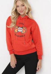 Pomarańczowa Bluza z Kolorowym Nadrukiem i Kapturem Kimna. Brązowe bluzy damskie Born2be, l, bez wzorów. Za 84.99 zł.