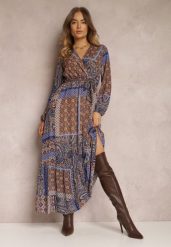 Niebiesko-Brązowa Sukienka Rozkloszowana w Patchworkowy Wzór Balmi. Niebieskie sukienki damskie Renee, bez wzorów, boho, bez ramiączek. W wyprzedaży za 107.99 zł.