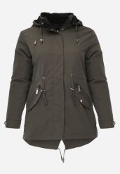 Zielono-Czarna Dwustronna Kurtka Przejściowa w Stylu Parki z Kapturem Tidala. Zielone kurtki damskie Born2be, plus size, bez wzorów, z jeansu, z kapturem. Za 119.99 zł.