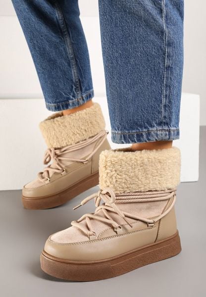 Ciemnobeżowe Śniegowce na Grubej Podeszwie ze Sznurowaniem i Futerkiem Izantea. Brązowe śniegowce damskie Born2be, z futra. Za 99.99 zł.