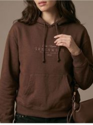 Dresowa bluza hoodie z kieszenią i haftowanym napisem - brązowy. Brązowe bluzy damskie Sinsay, l, bez wzorów, z dresówki, bez kaptura. Za 39.99 zł.