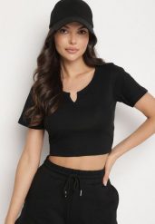 Czarny Bawełniany T-shirt z Prążkowanego Materiału Linalora. Czarne t-shirty damskie Born2be, l, bez wzorów, z bawełny, bez kołnierzyka. Za 29.99 zł.