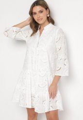 Biała Rozkloszowana Sukienka Boho z Haftowanej Tkaniny z Bawełny Loraviel. Białe sukienki damskie Born2be, bez wzorów, z bawełny, boho, bez ramiączek. Za 149.99 zł.