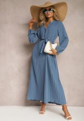 Niebieska Rozkloszowana Sukienka Maxi Plisowana Wiązana w Pasie Terilla. Niebieskie sukienki damskie Renee, bez wzorów, z materiału, bez ramiączek. W wyprzedaży za 99.99 zł.