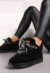 Czarne Śniegowce Typu Sneakersy ze Skóry Naturalnej Wyściełane Futerkiem Venalise. Czarne obuwie sportowe damskie Renee, na zimę, z futra, bez zapięcia. Za 169.99 zł.