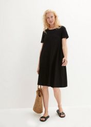 Sukienka shirtowa z przędzy mieszankowej, z kieszeniami, w dł. do kolan. Czarne sukienki damskie bonprix, bez wzorów, bez ramiączek. Za 87.99 zł.