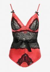 Różowo-Czarne Koronkowe Body ze Stringami z Paskiem w Talii Azuran. Czerwone body i gorsety Renee, z aplikacjami, z koronki. Za 44.99 zł.