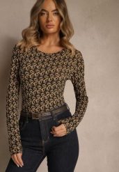 Brązowo-Czarna Bluzka Longsleeve z Bawełny Ozdobiony Literowym Wzorem Javelina. Brązowe bluzki damskie Renee, l, bez wzorów, z bawełny, eleganckie, bez kołnierzyka, bez ramiączek. Za 49.99 zł.