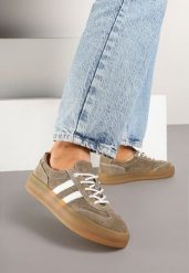 Ciemnobeżowe Sneakersy Klasyczne Tenisówki ze Skóry Naturalnej Alotia. Brązowe obuwie sportowe damskie Renee, z jeansu, bez zapięcia, tenisowe. Za 189.99 zł.