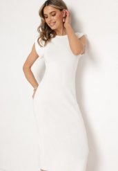 Biała Sukienka Bodycon z Prążkowanej Dzianiny z Rozcięciem Roleria. Białe sukienki damskie Born2be, bez wzorów, z dzianiny, eleganckie, bez ramiączek. Za 129.99 zł.
