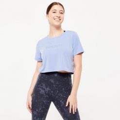 Koszulka z krótkim rękawem do tańca modern jazz damska Starever crop top. Niebieskie koszulki damskie STAREVER, xs, bez wzorów, z elastanu, bez kołnierzyka, bez ramiączek. W wyprzedaży za 39.99 zł.