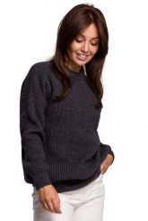 Sweter Oversize o Przedłużonym Kroju - Grafitowy. Szare swetry klasyczne damskie MOE, l, z materiału, bez kołnierzyka. Za 243.90 zł.