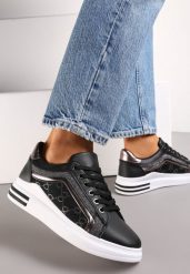 Czarne Sneakersy z Brokatem i Metalicznym Zdobieniem Dreama. Czarne obuwie sportowe damskie Renee, bez zapięcia. Za 74.99 zł.
